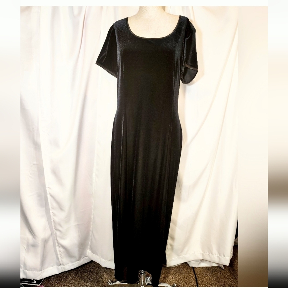 Amanda Lane Vintage Sheath Dress,Black Velour Short Sleeve,Round Neck, Tie,14-16